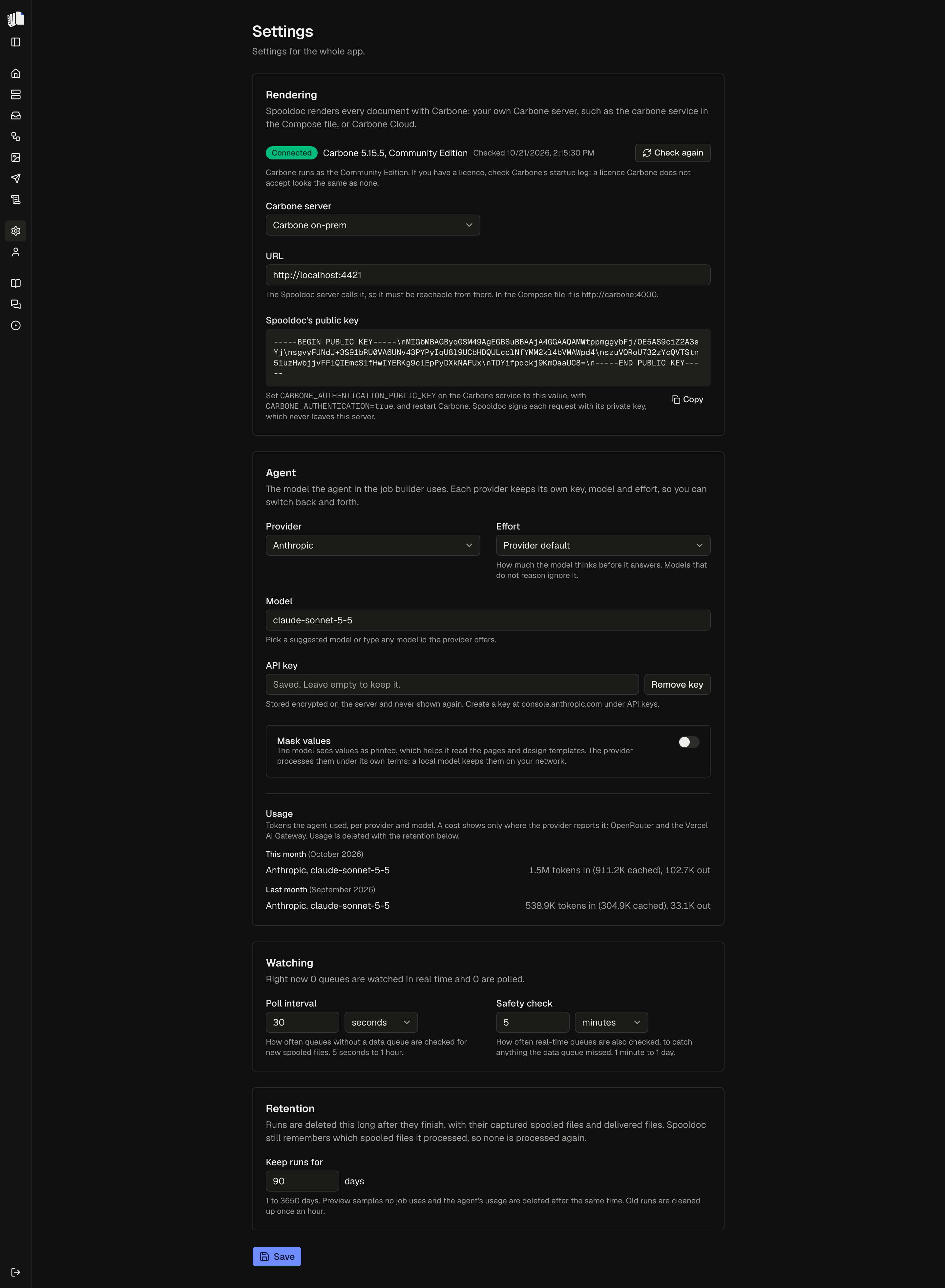 The Settings page: Rendering with Carbone connected, its URL and Spooldoc's public key, the Agent with its provider, model and effort, the usage this month and last month, and the other settings