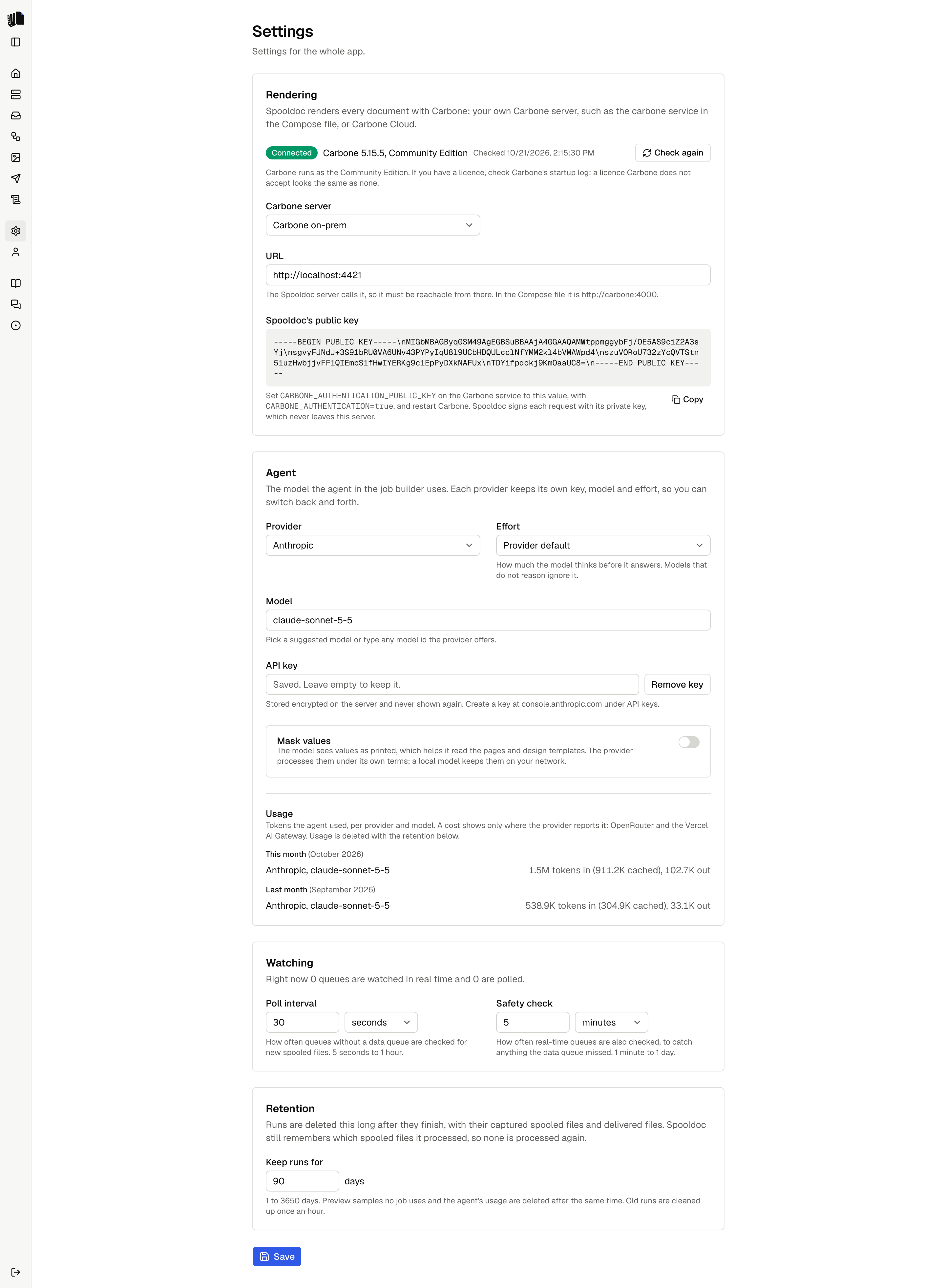 The Settings page: Rendering with Carbone connected, its URL and Spooldoc's public key, the Agent with its provider, model and effort, the usage this month and last month, and the other settings